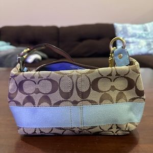 Tan and Blue Coach monogram canvas shoulder bag